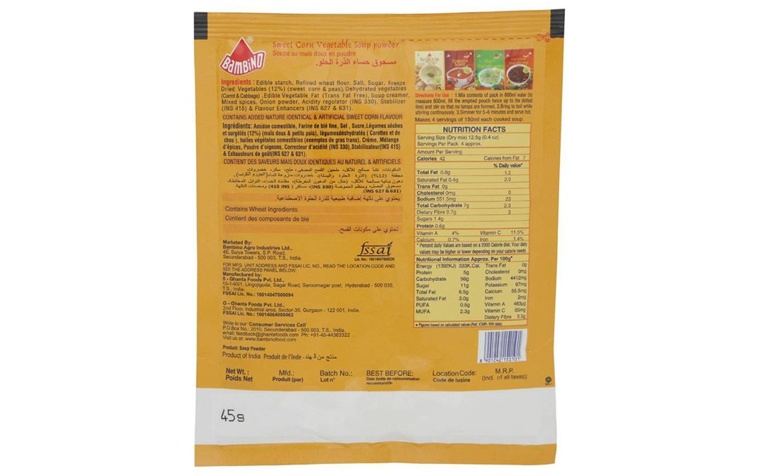 Bambino Sweet Corn Vegetable Soup Powder   Pouch  45 grams